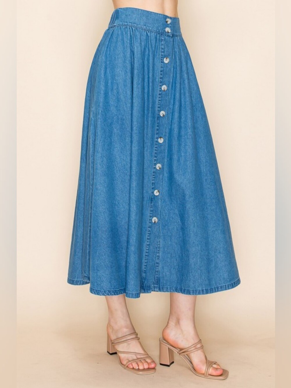 A3-0515 Retro 50s Classic Denim Button-Front A Line Midi Skirt